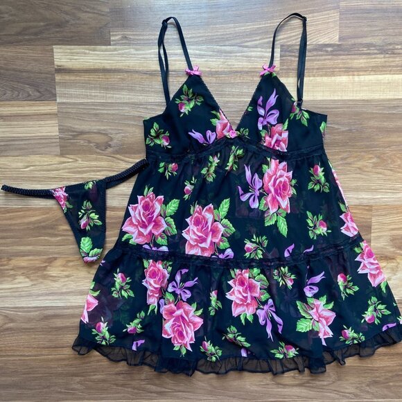 Betsey Johnson Other - Betsey Johnson Intimates Floral Sheer Nightie Lingerie Dress and Thong Panty Set